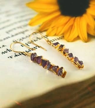Brass Gold Plated Earrings With Amethyst Rough Stone